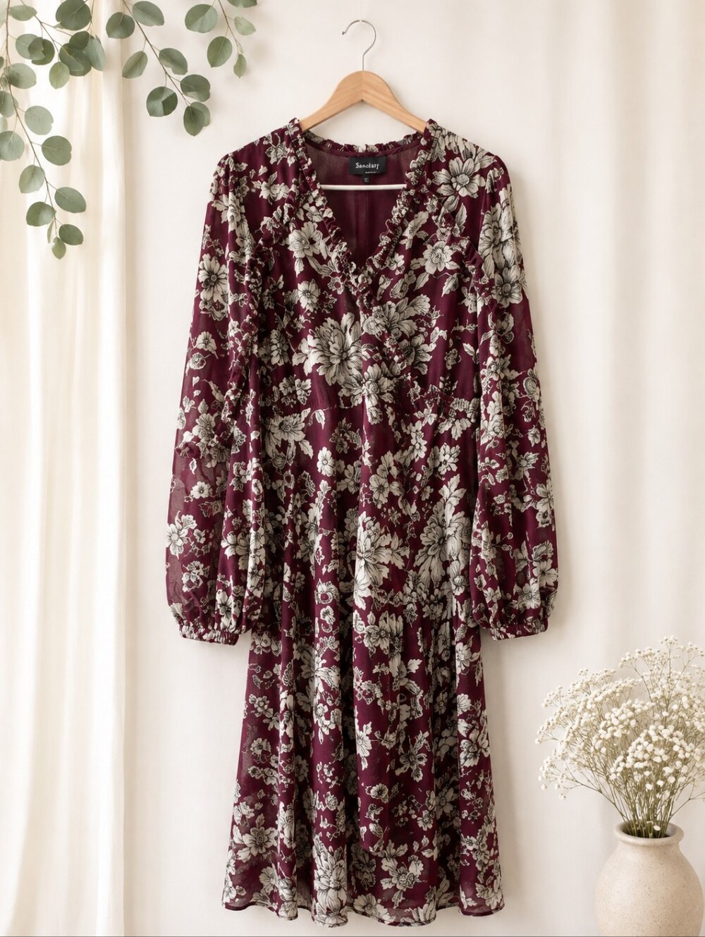 Bardot Burgundy Floral Long-Sleeve High-Low Midi Dress